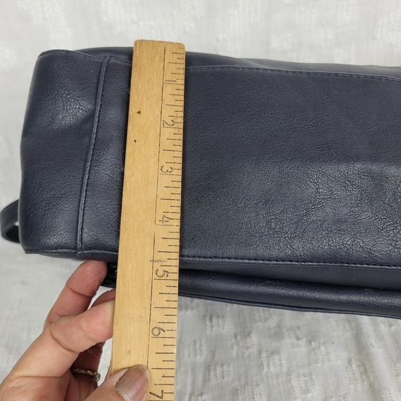 Navy blue shoulder bag long strap short handle satchel gold accents grandma chic - Picture 2 of 11